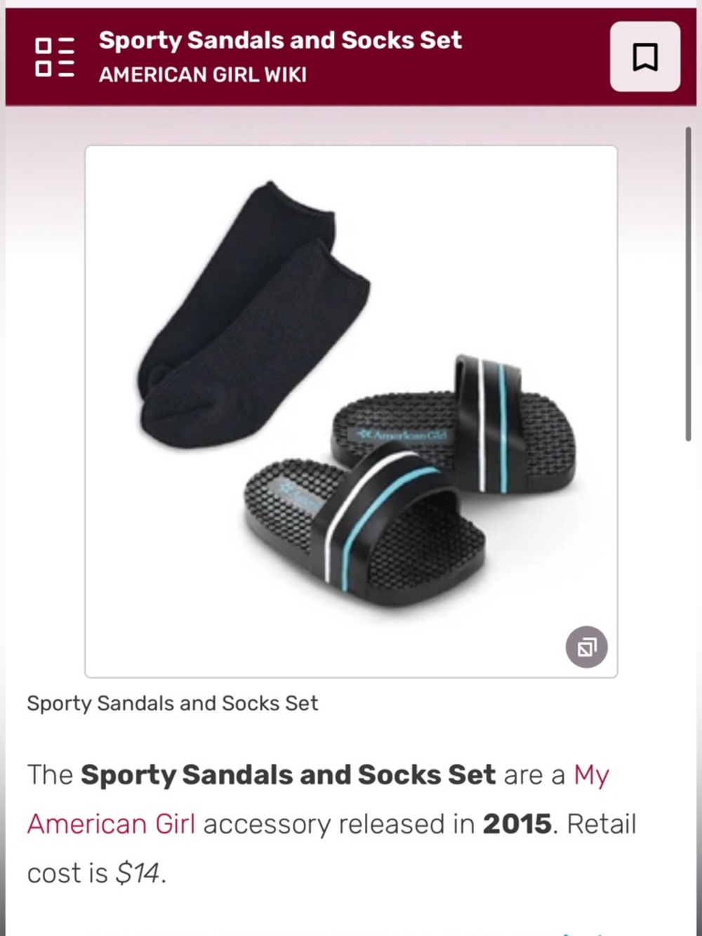 American Girl Black Slide Sandals with Blue Stripe and Black No-Show Socks